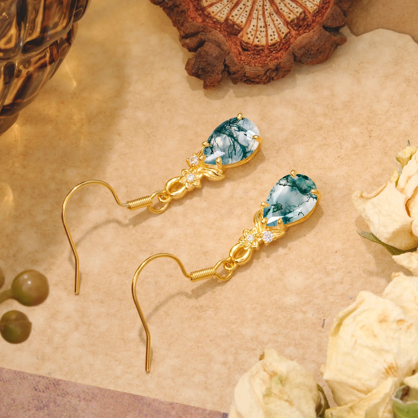 Lightweight 5 Prong Teardrop Moss Agate Earrings - Bridal Jewelry for Wedding & Engagement