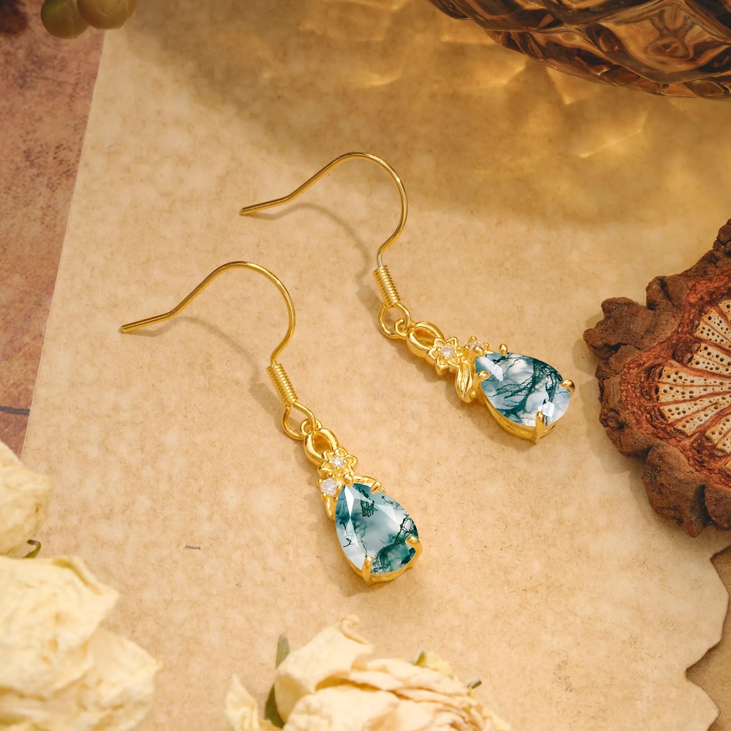 Lightweight 5 Prong Teardrop Moss Agate Earrings - Bridal Jewelry for Wedding & Engagement