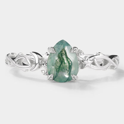 Pear Cut Moss Agate Branch Leaf Engagement Ring With Star And Moon