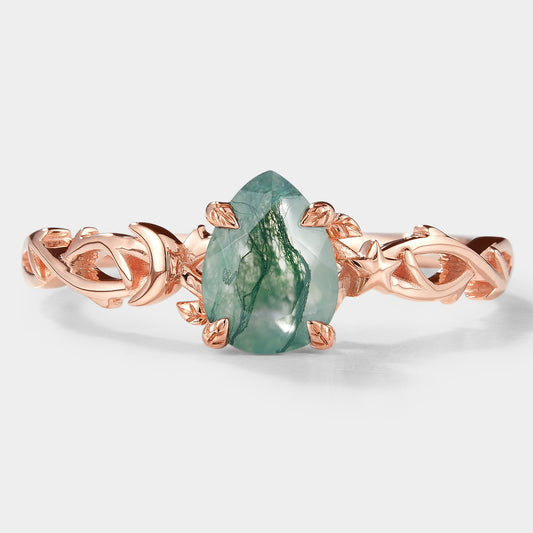 Pear Cut Moss Agate Branch Leaf Engagement Ring With Star And Moon