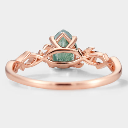 Pear Cut Moss Agate Branch Leaf Engagement Ring With Star And Moon