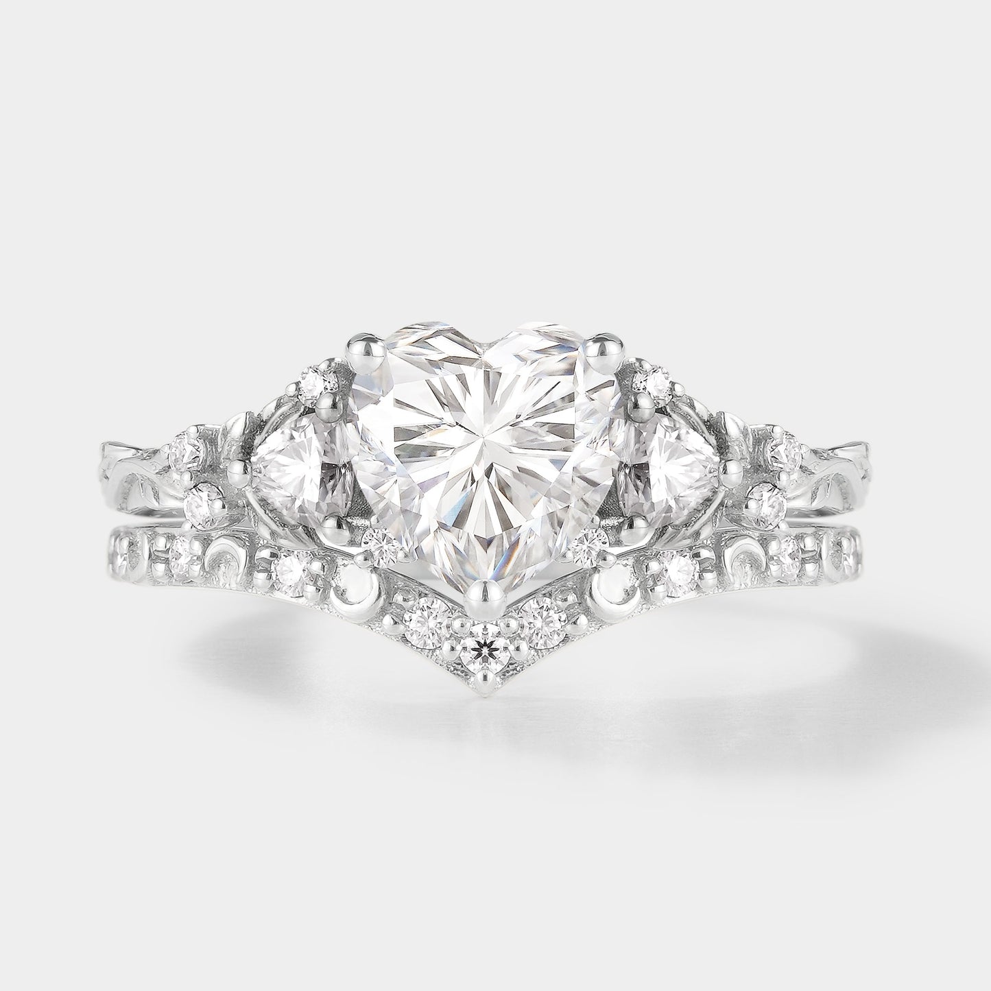 Unique Heart Cut Moissanite Leaf Engagement Ring Moon Wedding Band