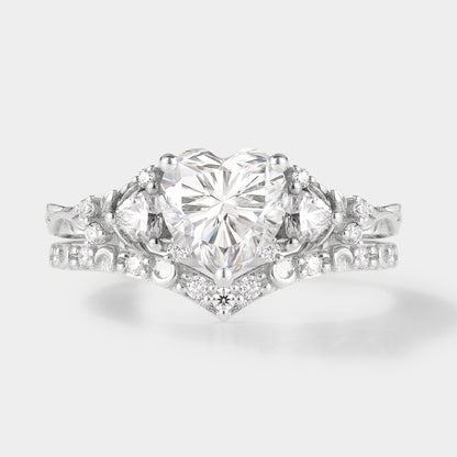 Unique Heart Cut Moissanite Leaf Engagement Ring Moon Wedding Band