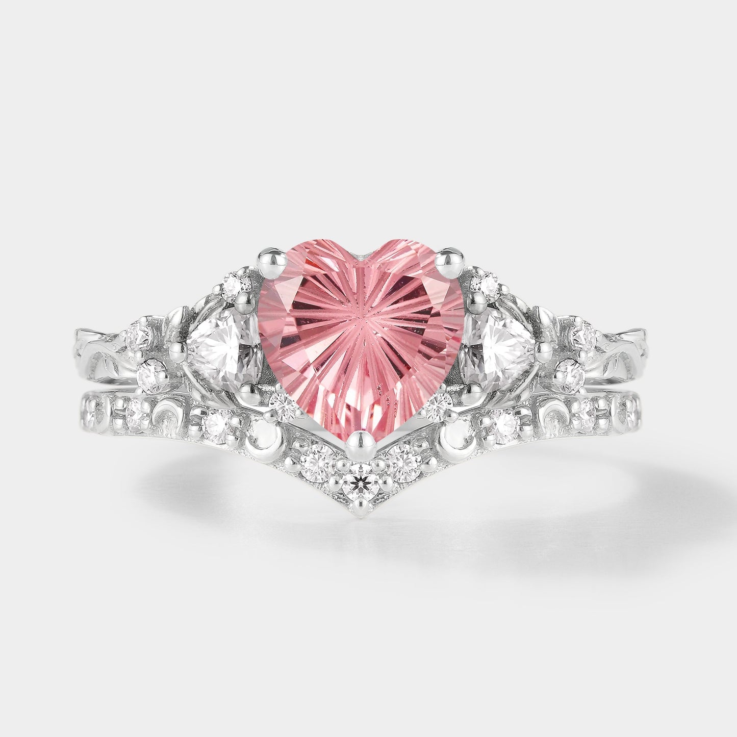 Heart Cut Starbrite Cut Padparadscha Engagement Ring Set 2pcs