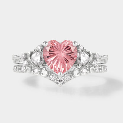 Heart Cut Starbrite Cut Padparadscha Engagement Ring Set 2pcs