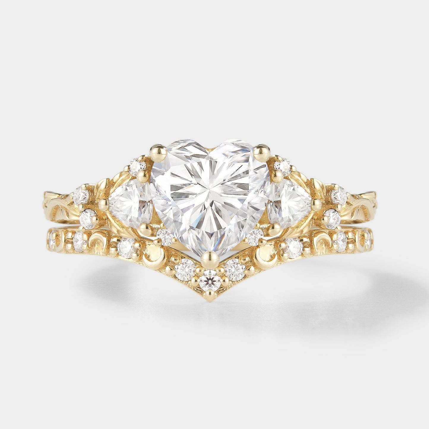 Unique Heart Cut Moissanite Leaf Engagement Ring Moon Wedding Band