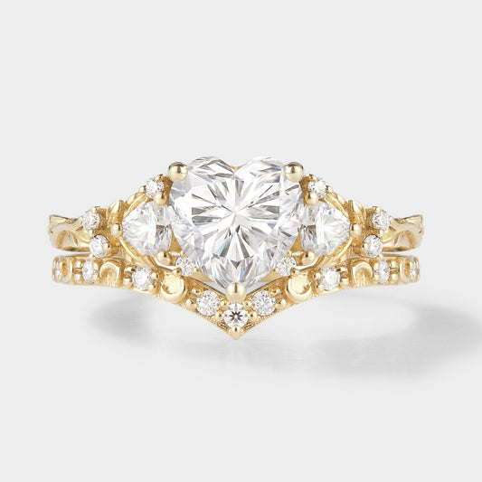 Unique Heart Cut Moissanite Leaf Engagement Ring Moon Wedding Band
