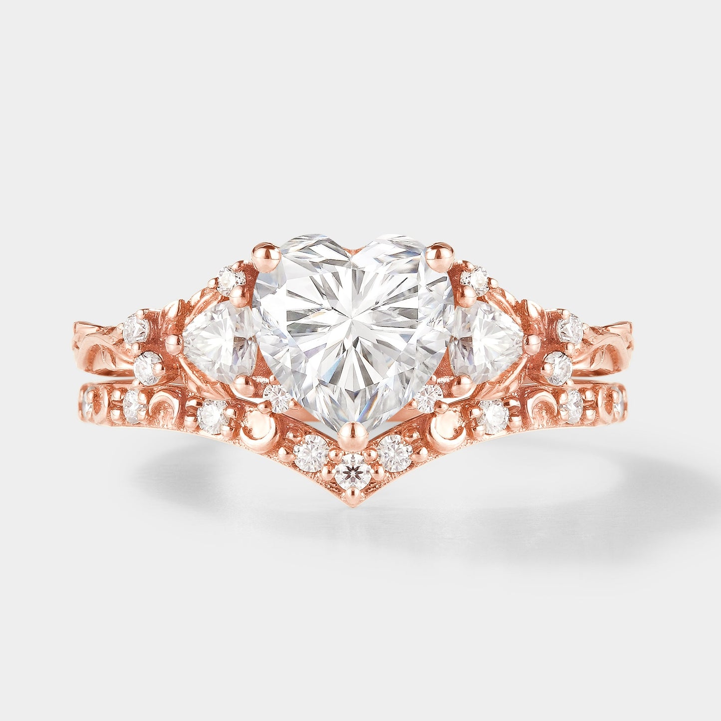 Unique Heart Cut Moissanite Leaf Engagement Ring Moon Wedding Band