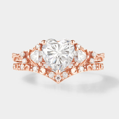 Unique Heart Cut Moissanite Leaf Engagement Ring Moon Wedding Band