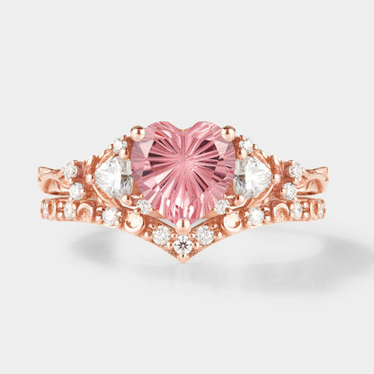 Heart Cut Starbrite Cut Padparadscha Engagement Ring Set 2pcs