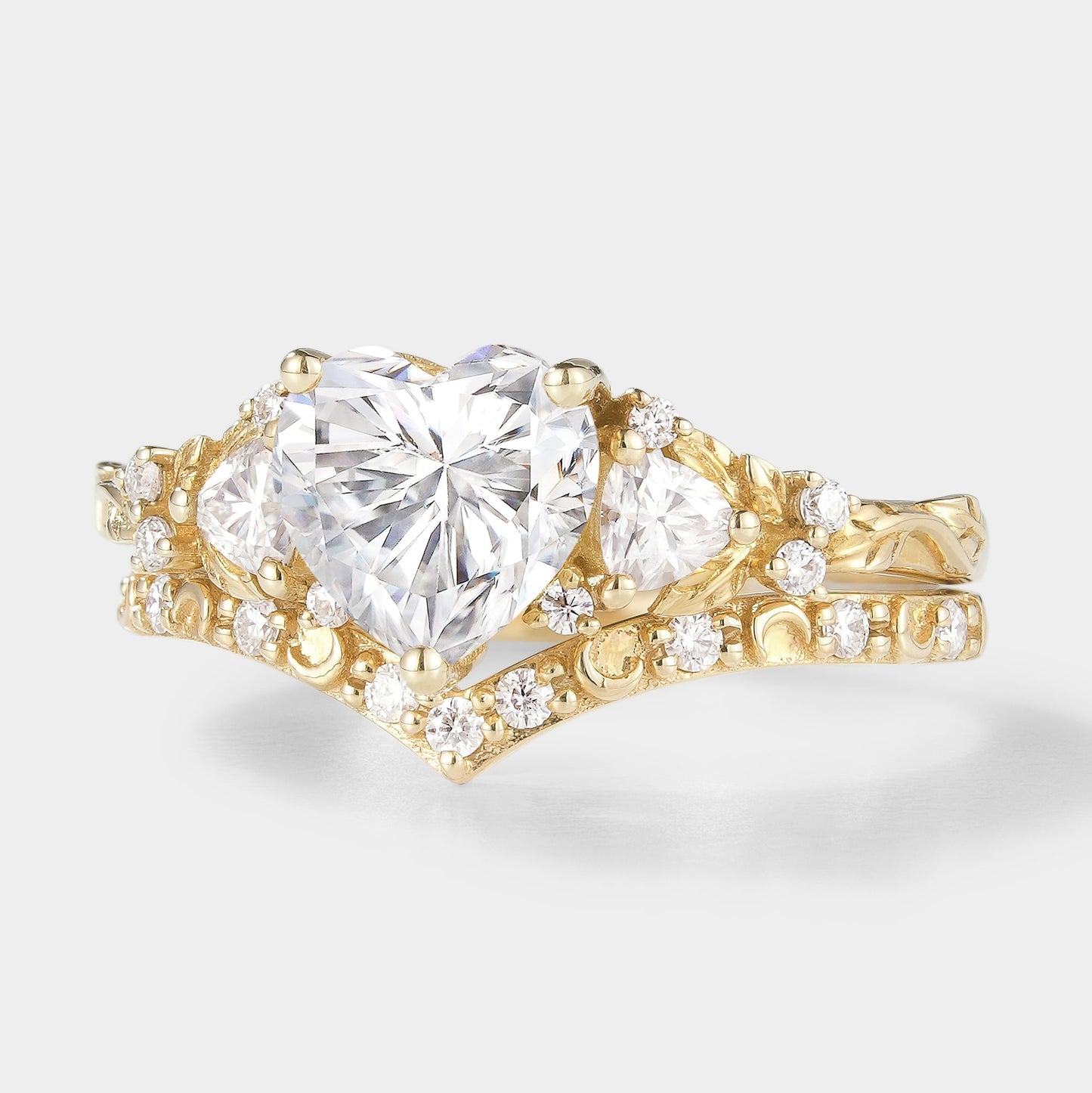Unique Heart Cut Moissanite Leaf Engagement Ring Moon Wedding Band