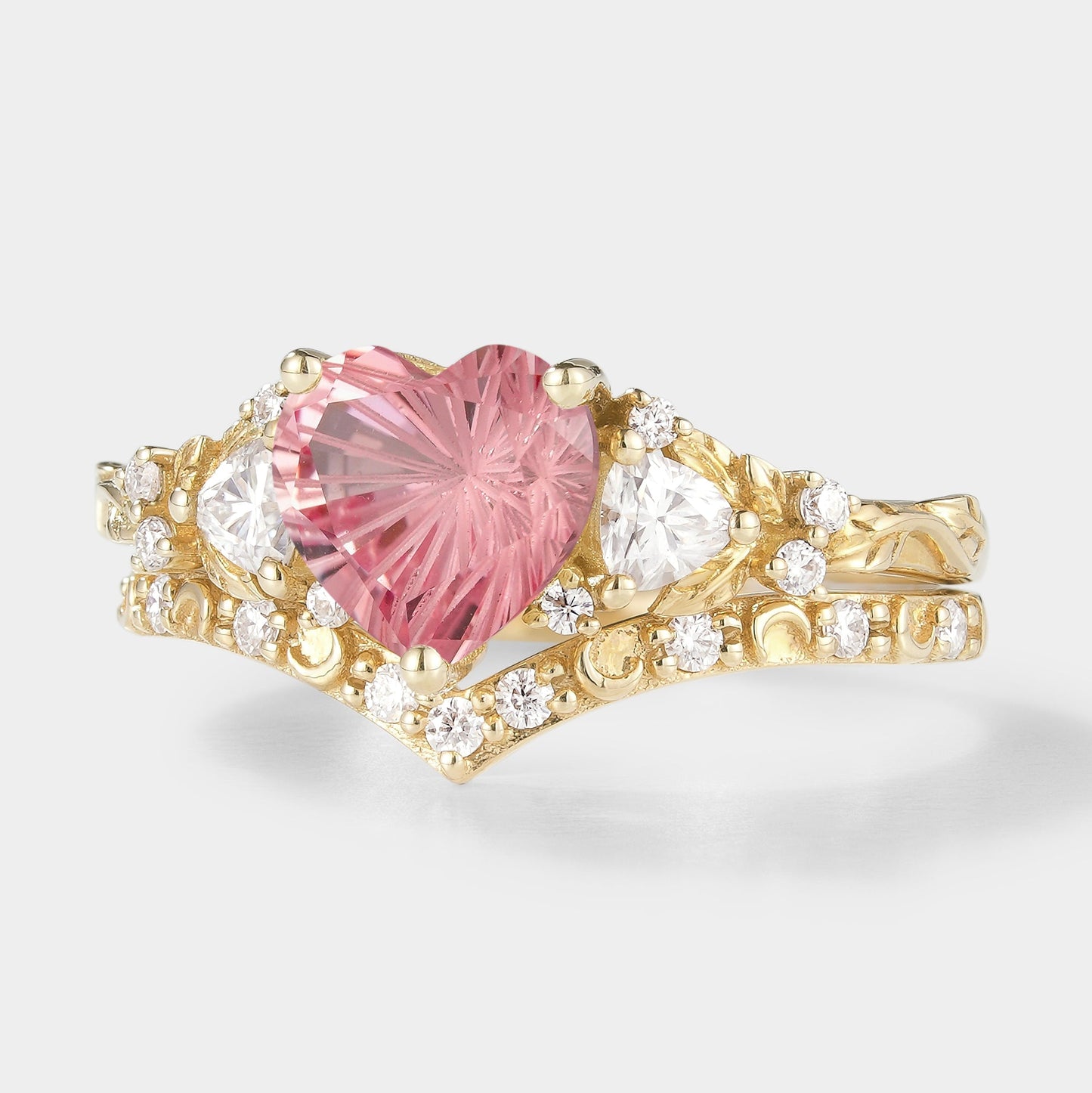 Heart Cut Starbrite Cut Padparadscha Engagement Ring Set 2pcs
