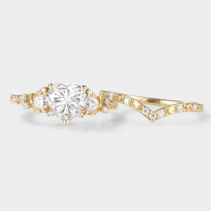 Unique Heart Cut Moissanite Leaf Engagement Ring Moon Wedding Band