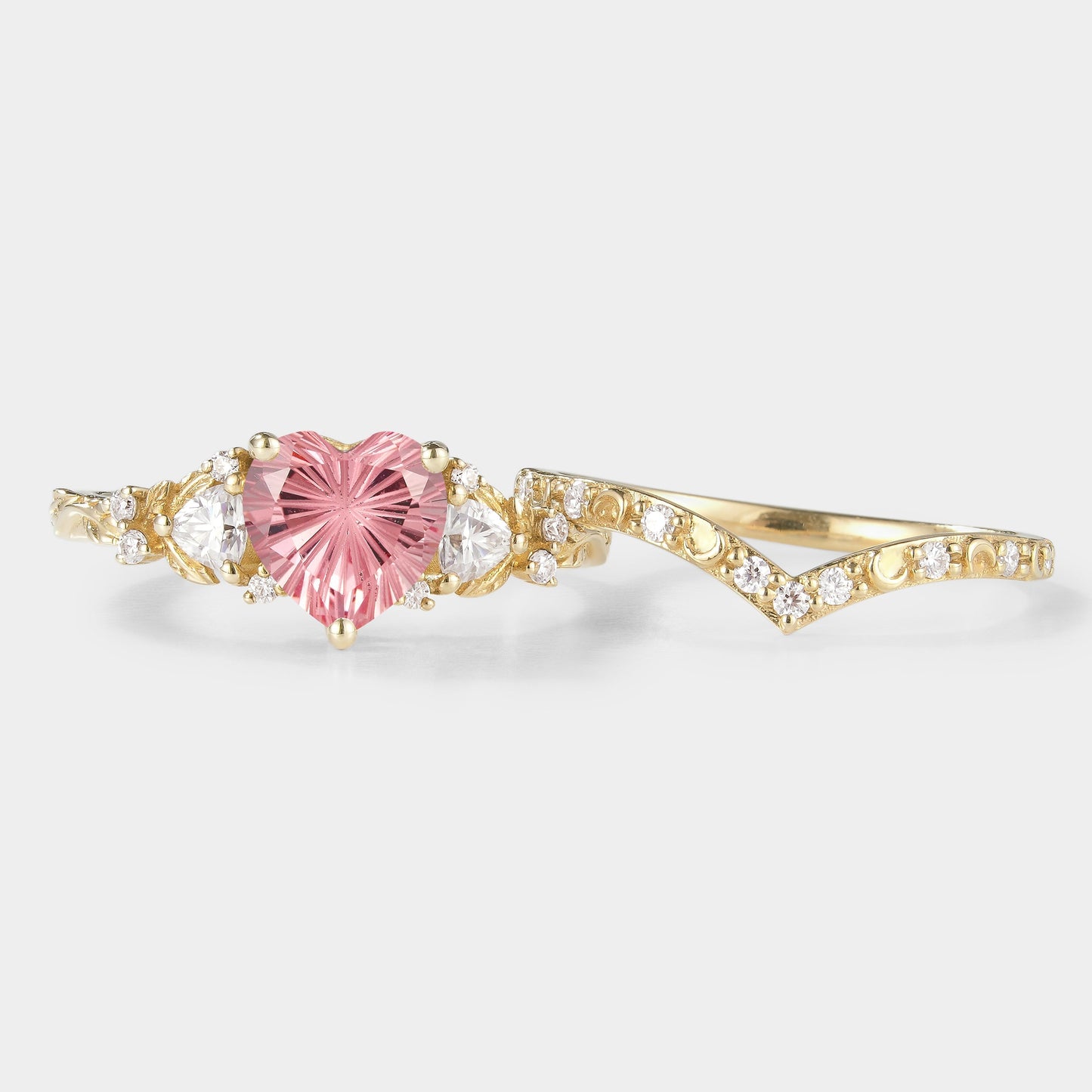 Heart Cut Starbrite Cut Padparadscha Engagement Ring Set 2pcs