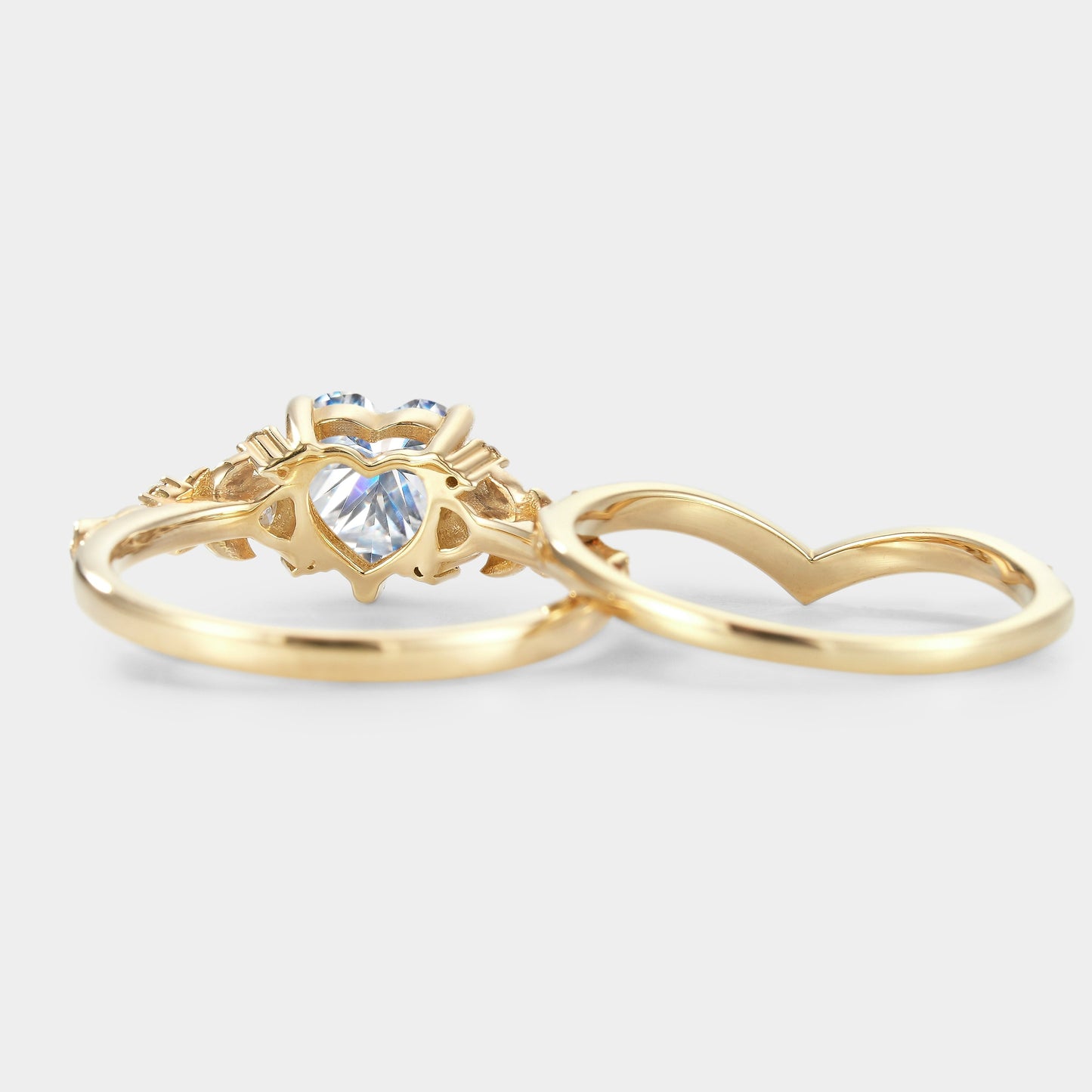 Unique Heart Cut Moissanite Leaf Engagement Ring Moon Wedding Band