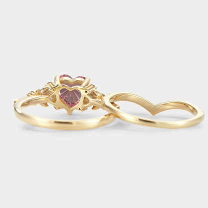 Heart Cut Starbrite Cut Padparadscha Engagement Ring Set 2pcs