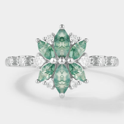 Marquise Cut Moss Agate Petal Engagement Ring