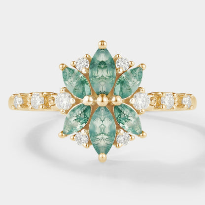 Marquise Cut Moss Agate Petal Engagement Ring
