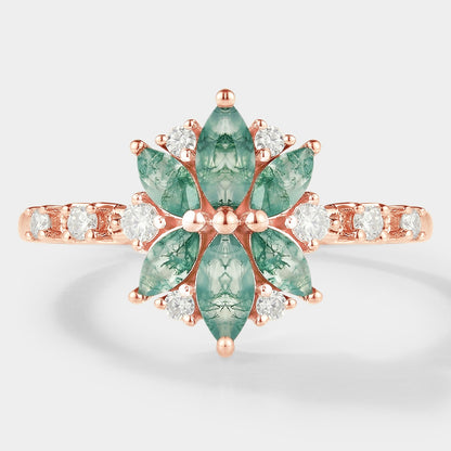 Marquise Cut Moss Agate Petal Engagement Ring