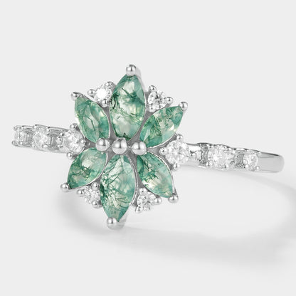 Marquise Cut Moss Agate Petal Engagement Ring