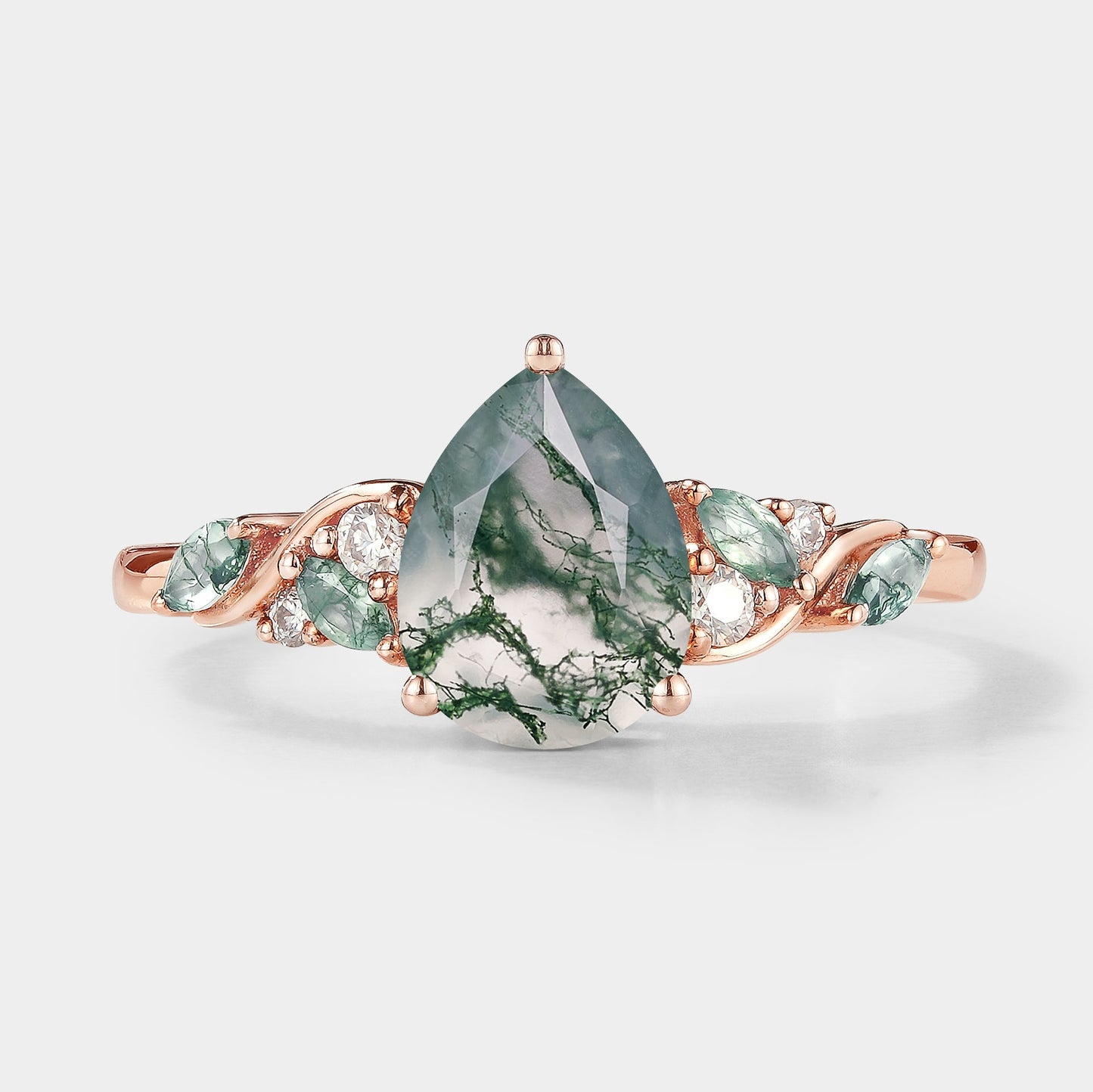 Pear Cut Moss Agate Engagement Ring Moissanite Moss Agate Cluster