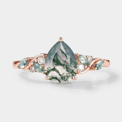 Pear Cut Moss Agate Engagement Ring Moissanite Moss Agate Cluster