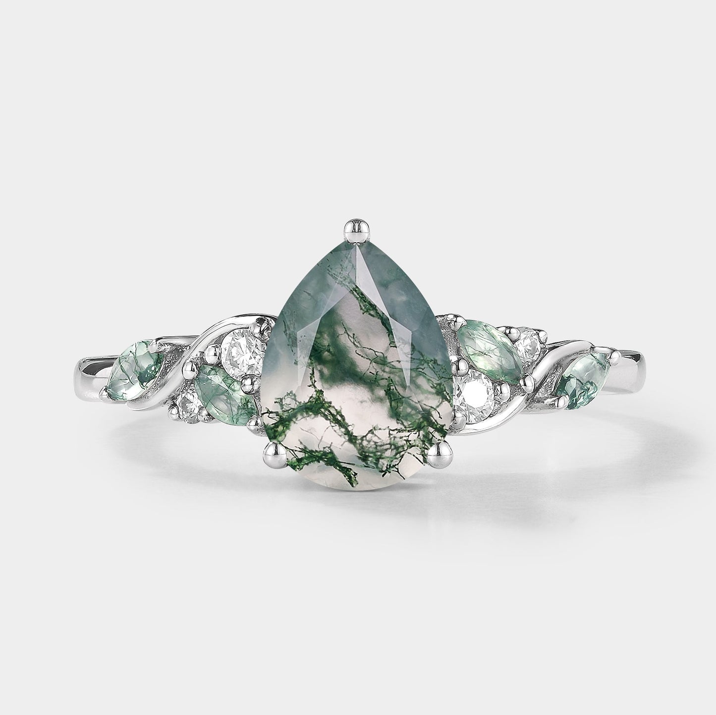Pear Cut Moss Agate Engagement Ring Moissanite Moss Agate Cluster