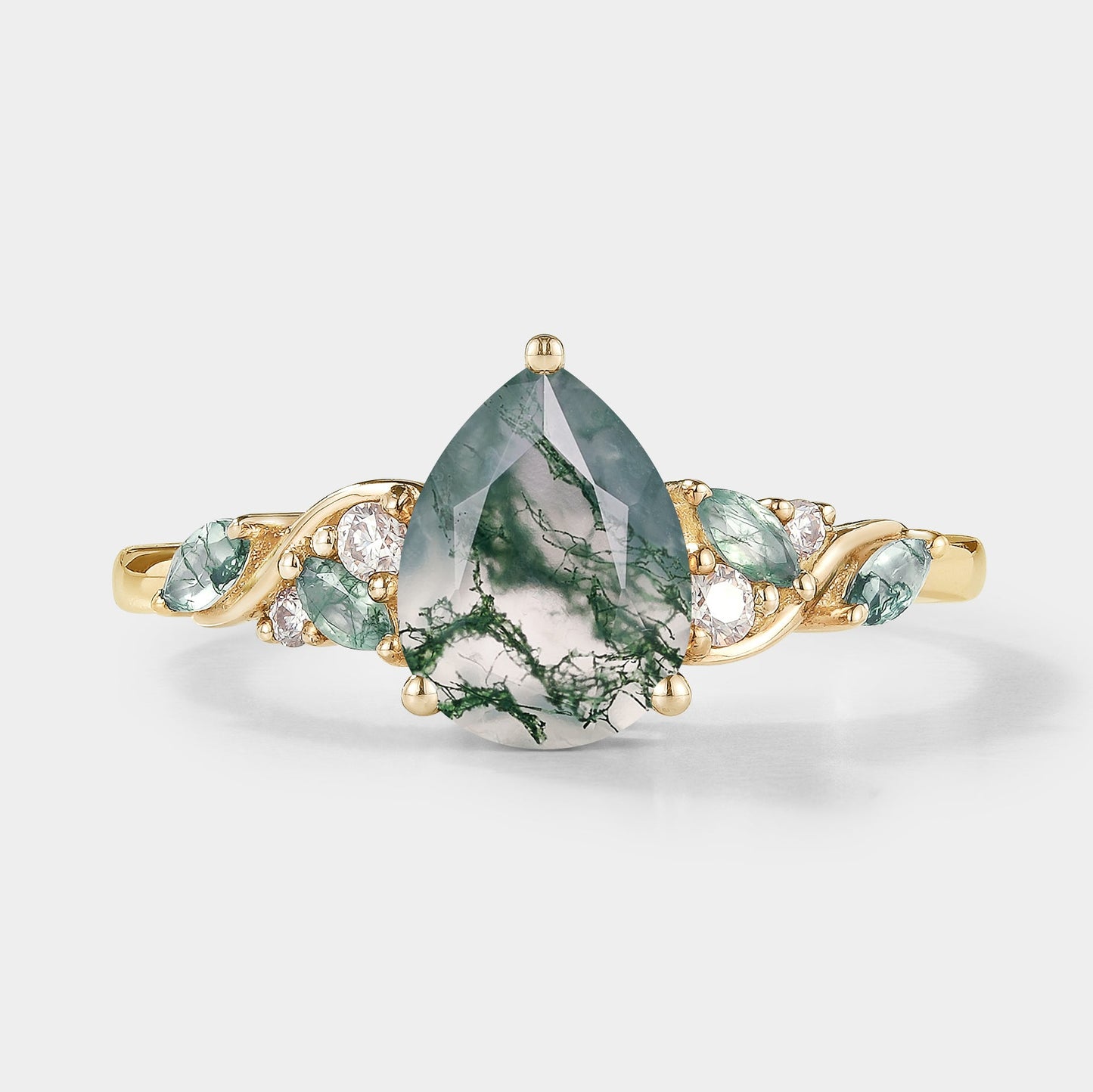 Pear Cut Moss Agate Engagement Ring Moissanite Moss Agate Cluster
