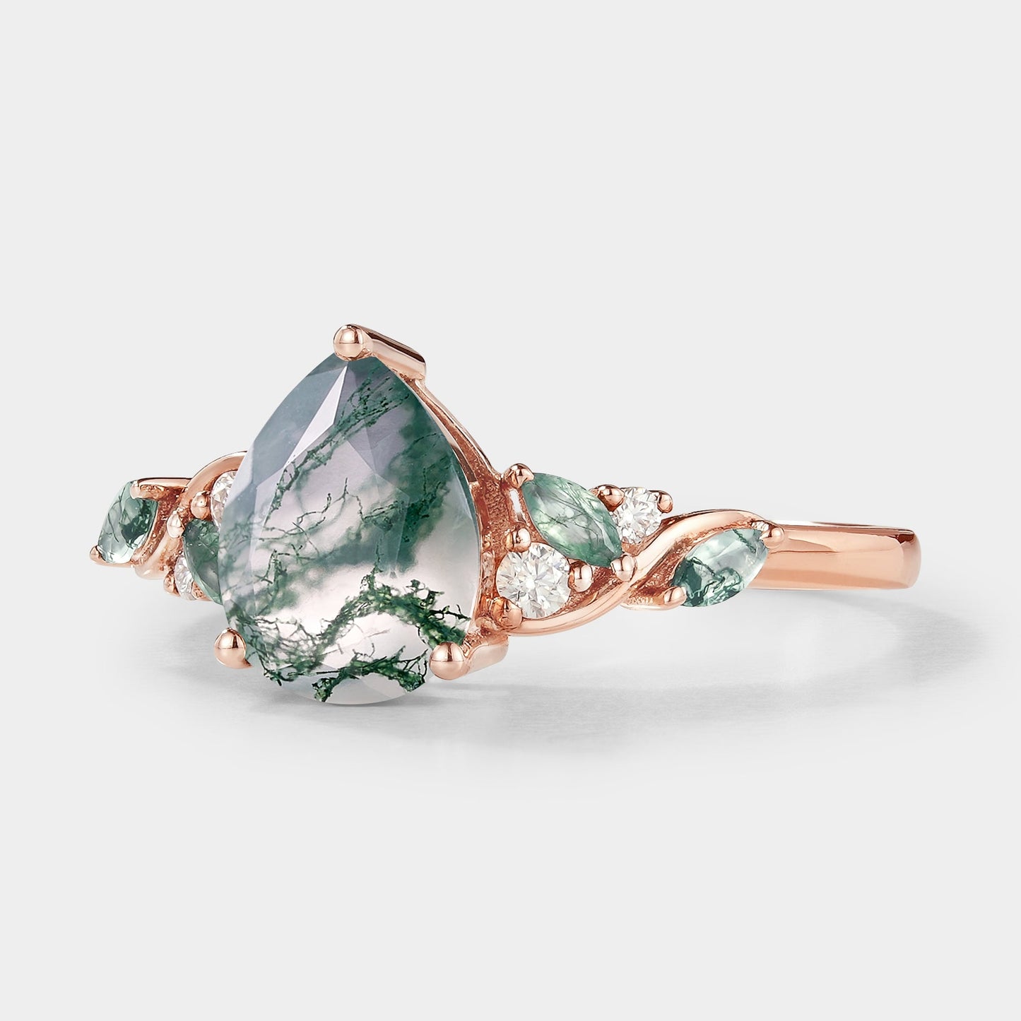 Pear Cut Moss Agate Engagement Ring Moissanite Moss Agate Cluster