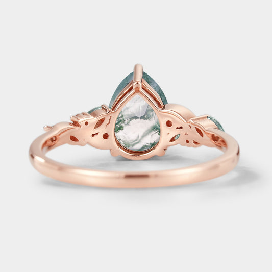 Pear Cut Moss Agate Engagement Ring Moissanite Moss Agate Cluster