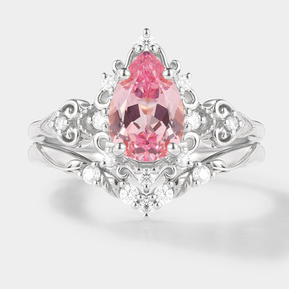 Antique Padparadscha Sapphire Ring Leaf Chevron Wedding Band