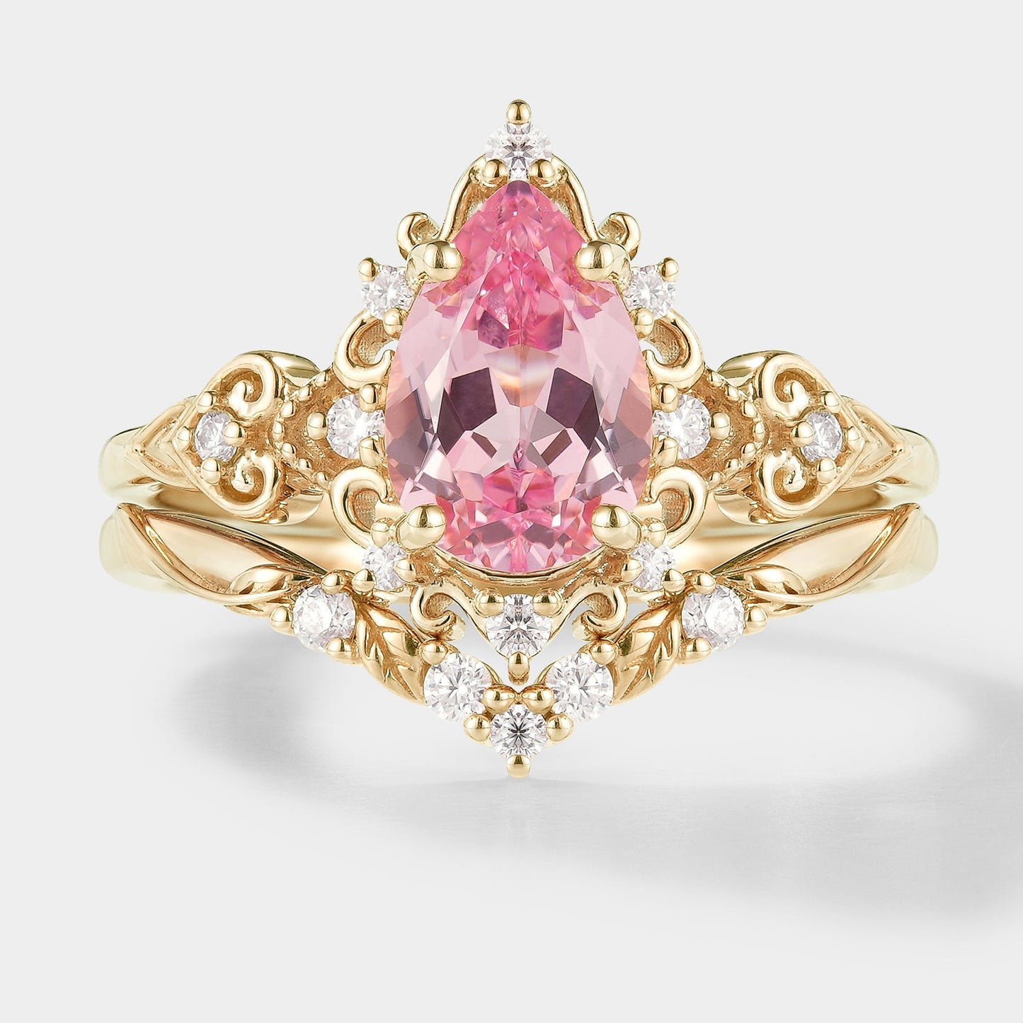 Antique Padparadscha Sapphire Ring Leaf Chevron Wedding Band