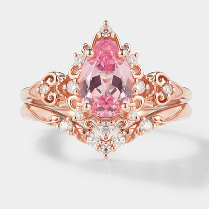 Antique Padparadscha Sapphire Ring Leaf Chevron Wedding Band