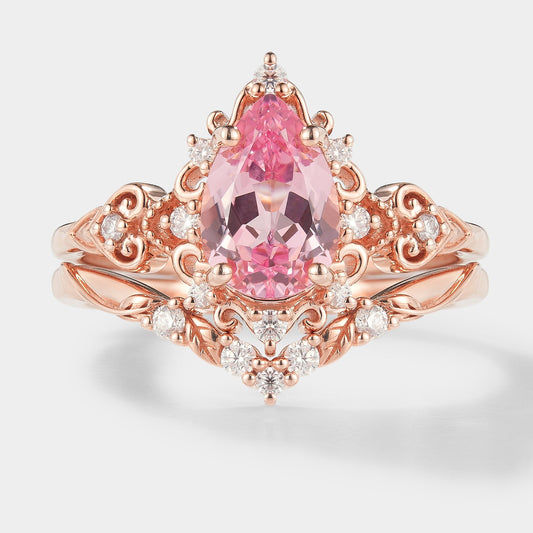 Antique Padparadscha Sapphire Ring Leaf Chevron Wedding Band