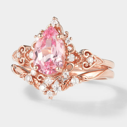 Antique Padparadscha Sapphire Ring Leaf Chevron Wedding Band
