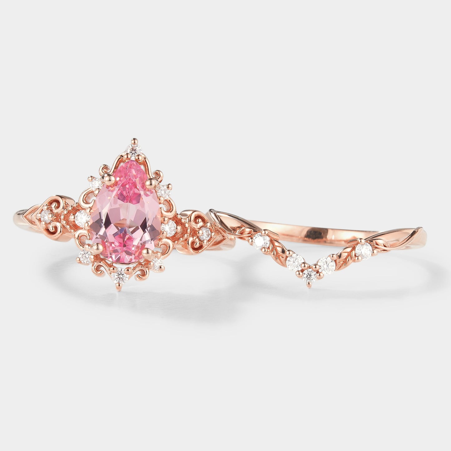 Antique Padparadscha Sapphire Ring Leaf Chevron Wedding Band