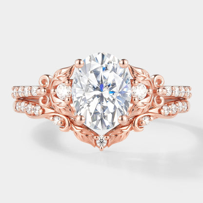 Leaf Inspired Oval Cut Moissanite Ring Set 2pcs