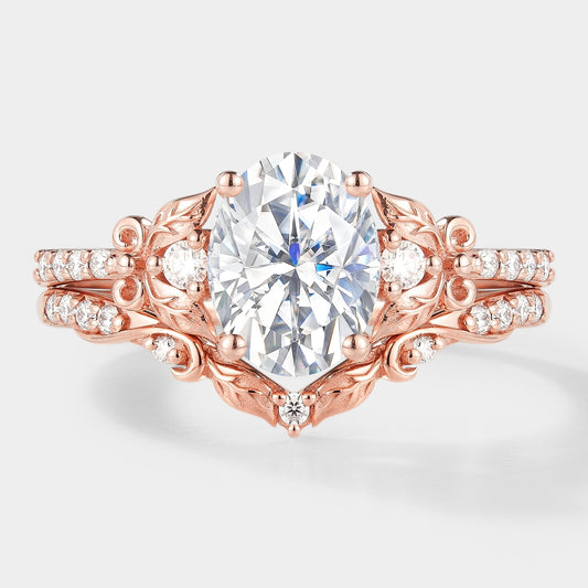 Leaf Inspired Oval Cut Moissanite Ring Set 2pcs