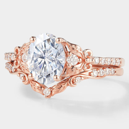Leaf Inspired Oval Cut Moissanite Ring Set 2pcs