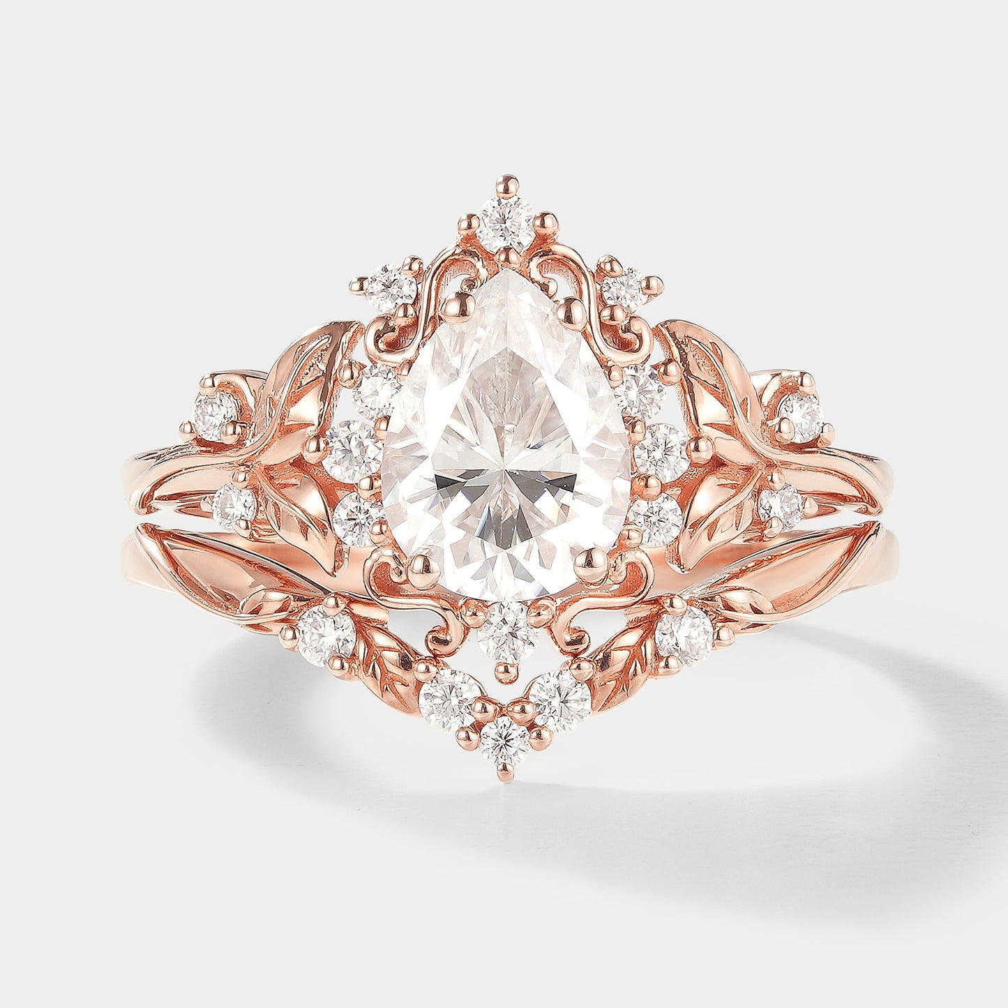 Pear Cut Moissanite Leaf Inspired Engagement Ring Set 2pcs