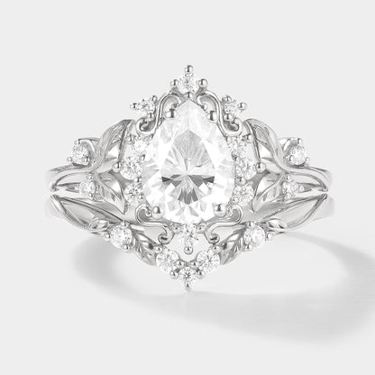 Pear Cut Moissanite Leaf Inspired Engagement Ring Set 2pcs