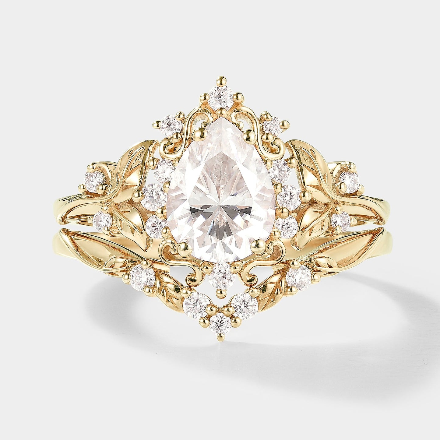 Pear Cut Moissanite Leaf Inspired Engagement Ring Set 2pcs