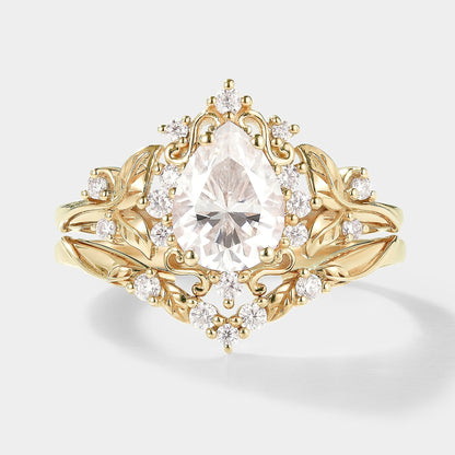 Pear Cut Moissanite Leaf Inspired Engagement Ring Set 2pcs