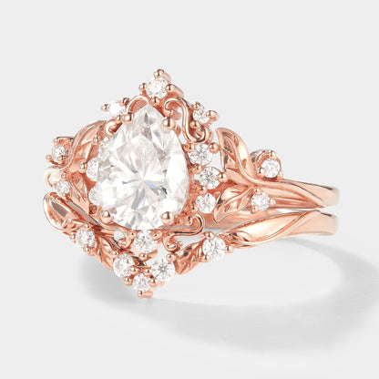 Pear Cut Moissanite Leaf Inspired Engagement Ring Set 2pcs