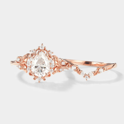 Pear Cut Moissanite Leaf Inspired Engagement Ring Set 2pcs