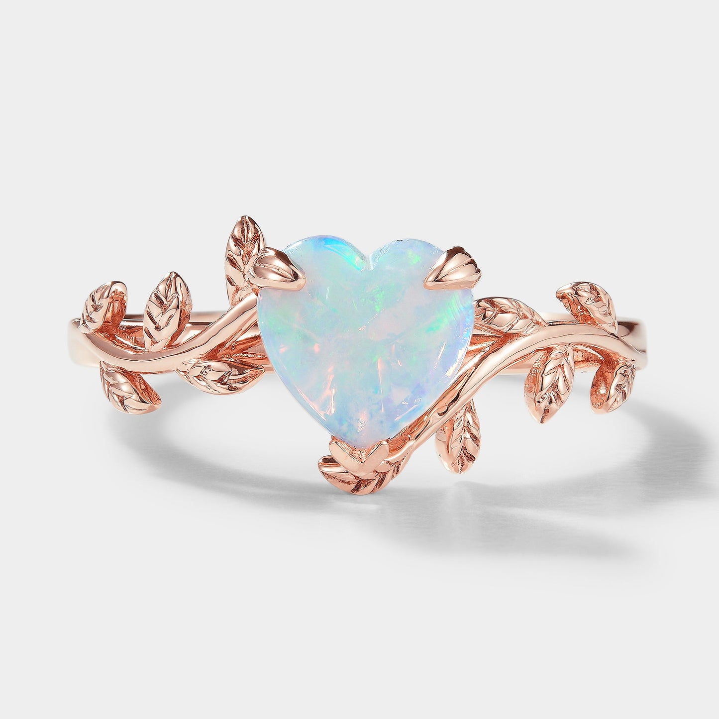 Unique Design Heart Cut Opal Leaf Engagement Ring