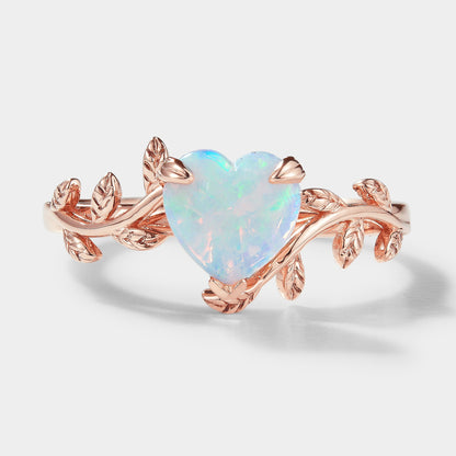 Unique Design Heart Cut Opal Leaf Engagement Ring