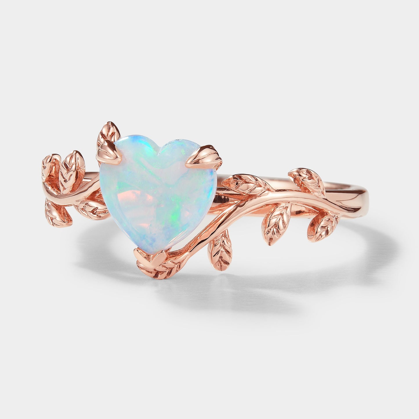 Unique Design Heart Cut Opal Leaf Engagement Ring