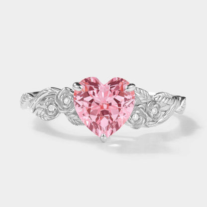 Unique Heart Cut Lab Padparadscha Sapphire Leaf Rose Engagement Ring
