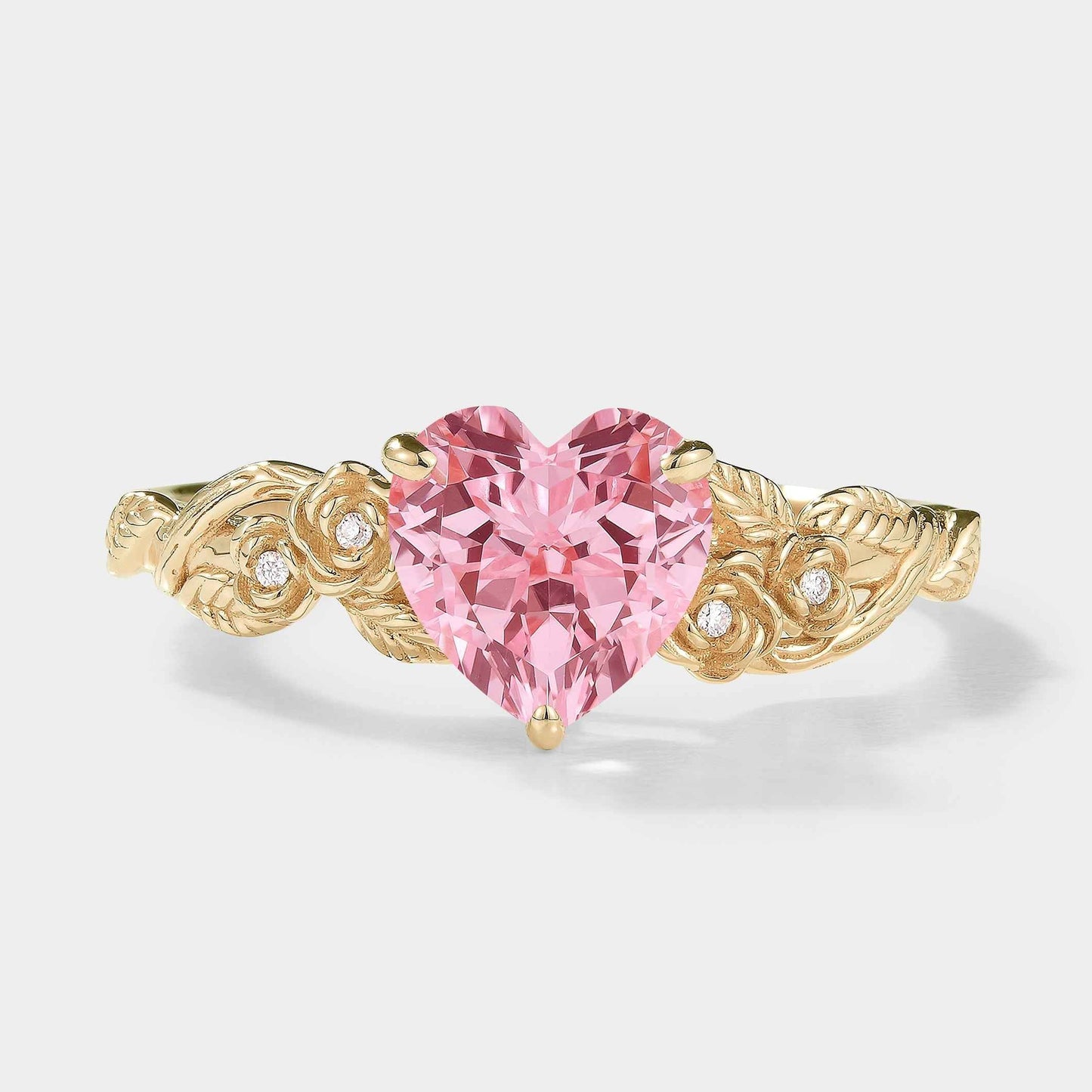 Unique Heart Cut Lab Padparadscha Sapphire Leaf Rose Engagement Ring